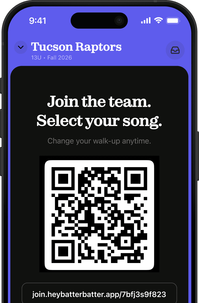 Hey Batter Batter team invitation with a QR code for parents
